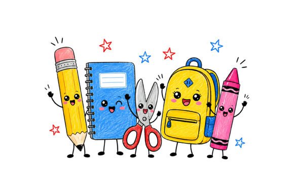 Cute School Supplies Clipart SVG for Embroidery